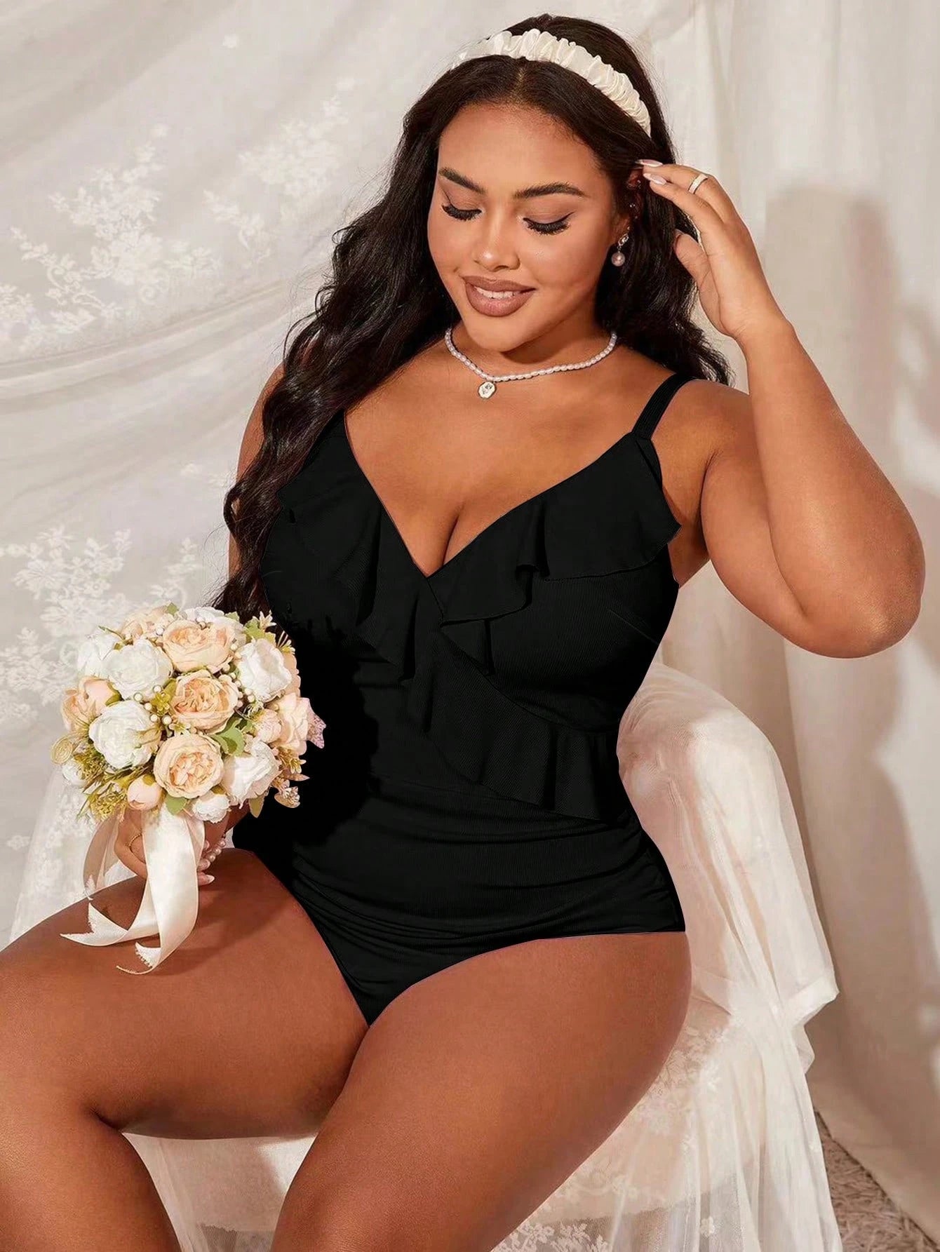 Slaydiva Plus Size Women Solid Color Ruffle Pleat Spaghetti Strap One-Piece Swimsuit For Summer Beach Vacation
