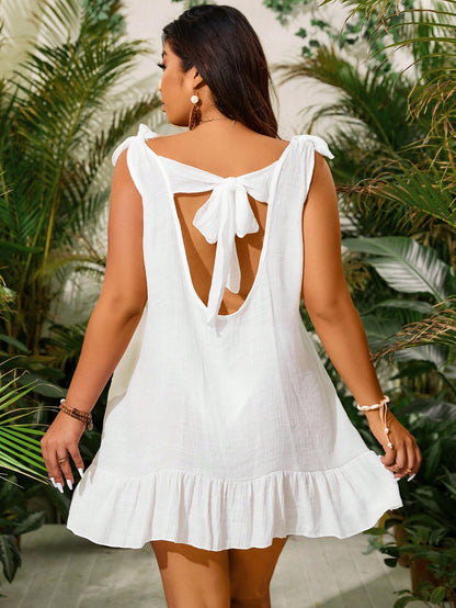 Slaydiva Summer Beach Plus Size Solid Color Shoulder Knot Ruffle Hem Sheer Cover Up Dress