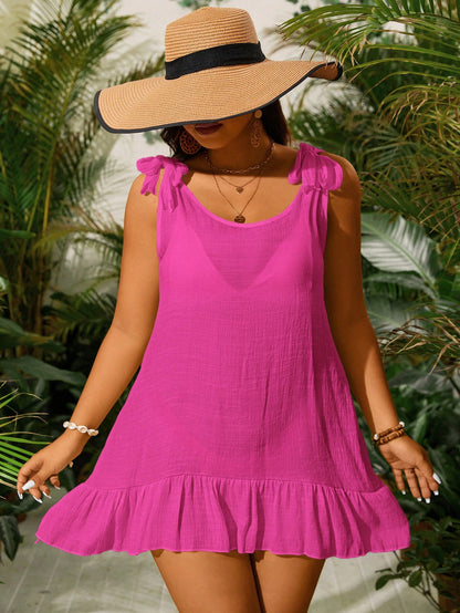Slaydiva Summer Beach Plus Size Solid Color Shoulder Knot Ruffle Hem Sheer Cover Up Dress