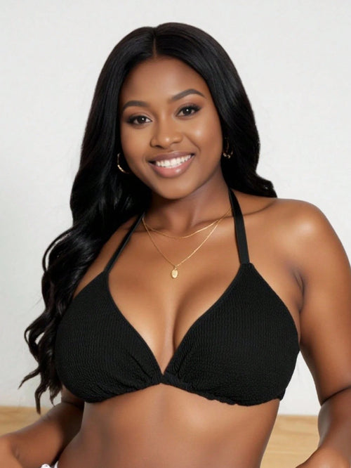 Slaydiva Summer Beach Plus Size Solid Color Textured Swimwear Top