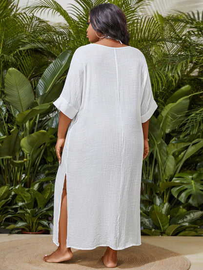 Slaydiva Summer Beach Plus Size Women's Solid Color V Neck Batwing Sleeve Cover Up Dress