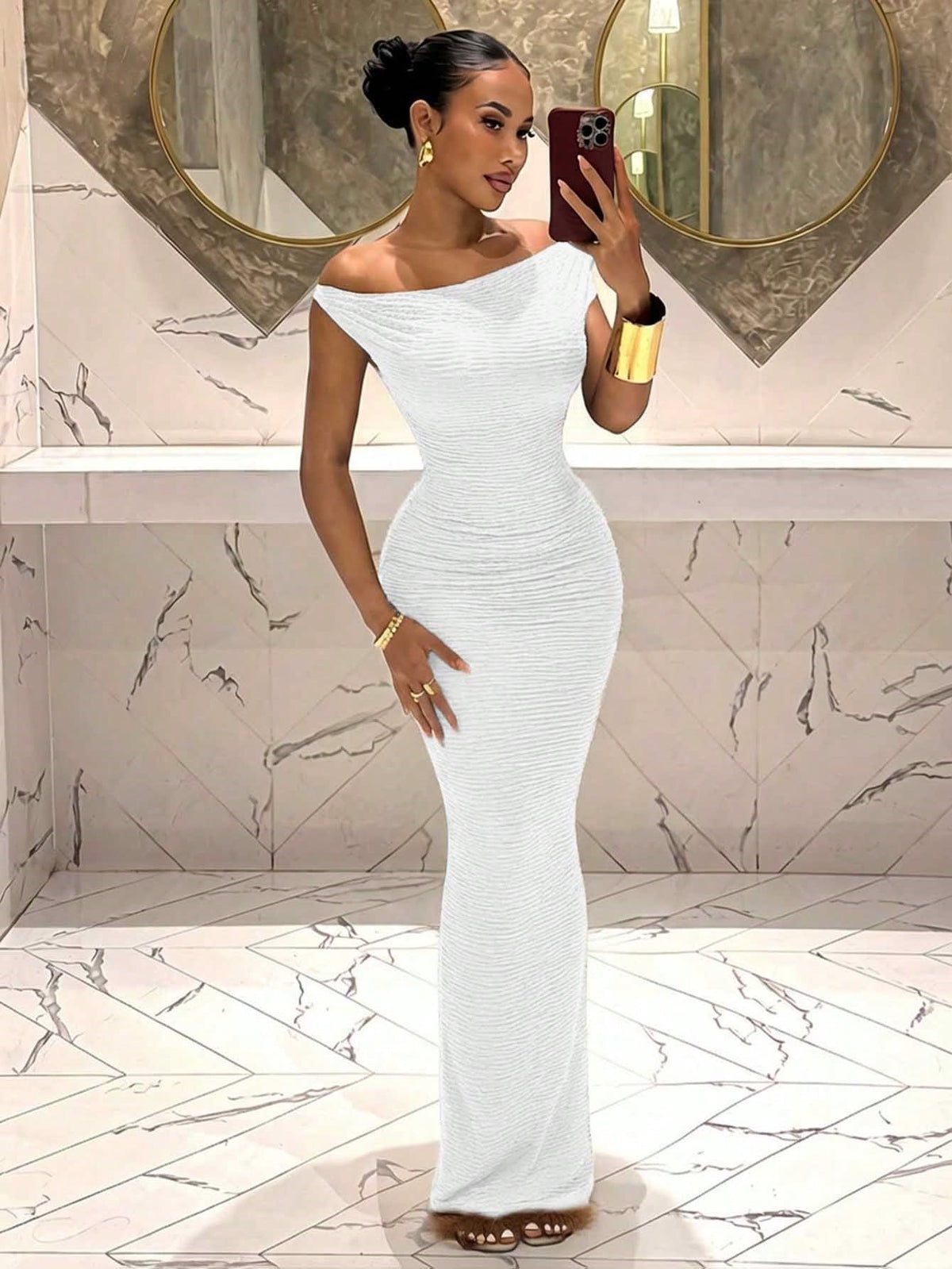 Slaydiva White,Summer,Elegant,Seductive,Night Out Asymmetrical Shoulder Sleeveless Bodycon Dress,Textured Vertical Stripe Fabric Super Long Party Dress Women