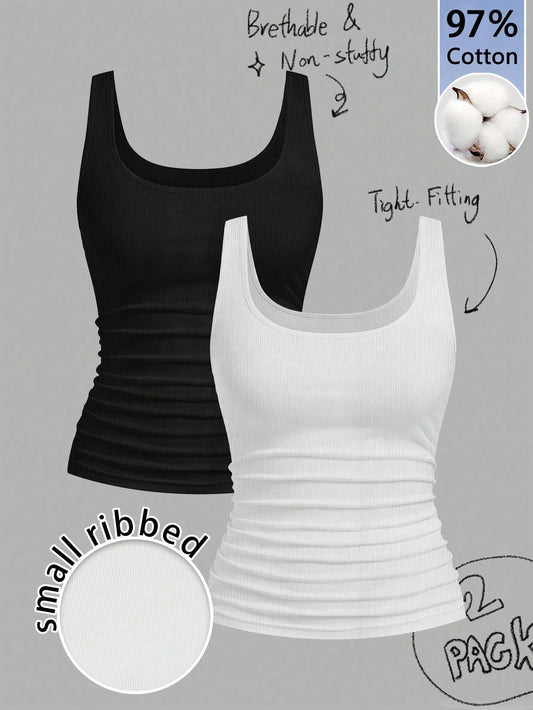 Slaydiva Women's 2pcs Set Cotton Tank Top, Black And White Summer Basic Everyday Ruched Waist Fitted Ribbed Vest Top, Y2k Streetwear