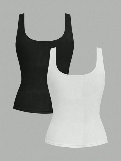 Slaydiva Women's 2pcs Set Cotton Tank Top, Black And White Summer Basic Everyday Ruched Waist Fitted Ribbed Vest Top, Y2k Streetwear