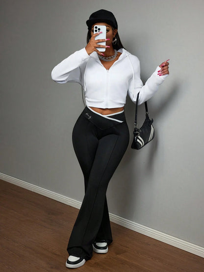 Slaydiva Women's Black Contrast Edge Flared Pants, Summer Casual Athleisure Baggy Low Waisted Cross Waist Bell Bottom Leggings Gym Workout Halloween Rave