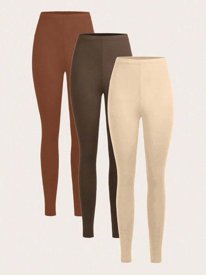Slaydiva Women's Casual Solid Color Knit Leggings,Khaki,Dark Coffee,Skin Tone,Long Style For Summer,Autumn,Winter,Back To School Beige Summer Athleisure Gym