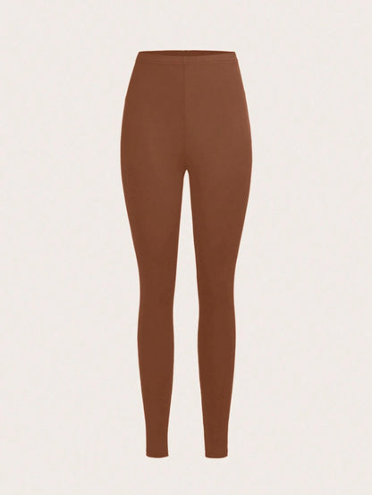 Slaydiva Women's Casual Solid Color Knit Leggings,Khaki,Dark Coffee,Skin Tone,Long Style For Summer,Autumn,Winter,Back To School Beige Summer Athleisure Gym