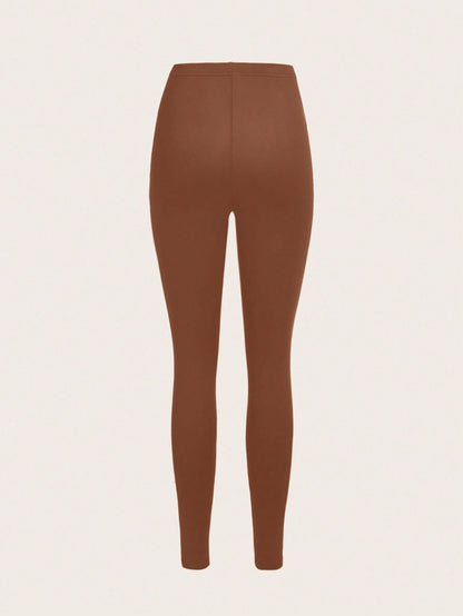 Slaydiva Women's Casual Solid Color Knit Leggings,Khaki,Dark Coffee,Skin Tone,Long Style For Summer,Autumn,Winter,Back To School Beige Summer Athleisure Gym