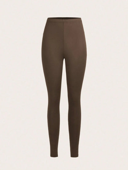 Slaydiva Women's Casual Solid Color Knit Leggings,Khaki,Dark Coffee,Skin Tone,Long Style For Summer,Autumn,Winter,Back To School Beige Summer Athleisure Gym
