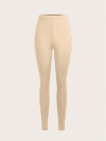 Slaydiva Women's Casual Solid Color Knit Leggings,Khaki,Dark Coffee,Skin Tone,Long Style For Summer,Autumn,Winter,Back To School Beige Summer Athleisure Gym