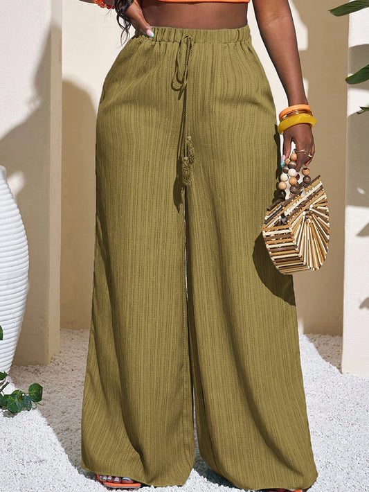 Slaydiva Women's Full Length Geometric Green Vacation Wide Leg Pants, Casual Festival/Holiday