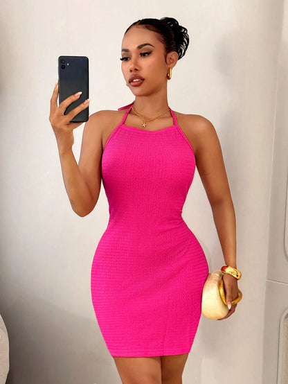 Slaydiva Women's Hot Pink Textured Knit Halter Neck Tie Backless Mini Dress,Summer 70s Boho Slim Fit Party Vacation Beach Resort Wear Y2k Wow Dress