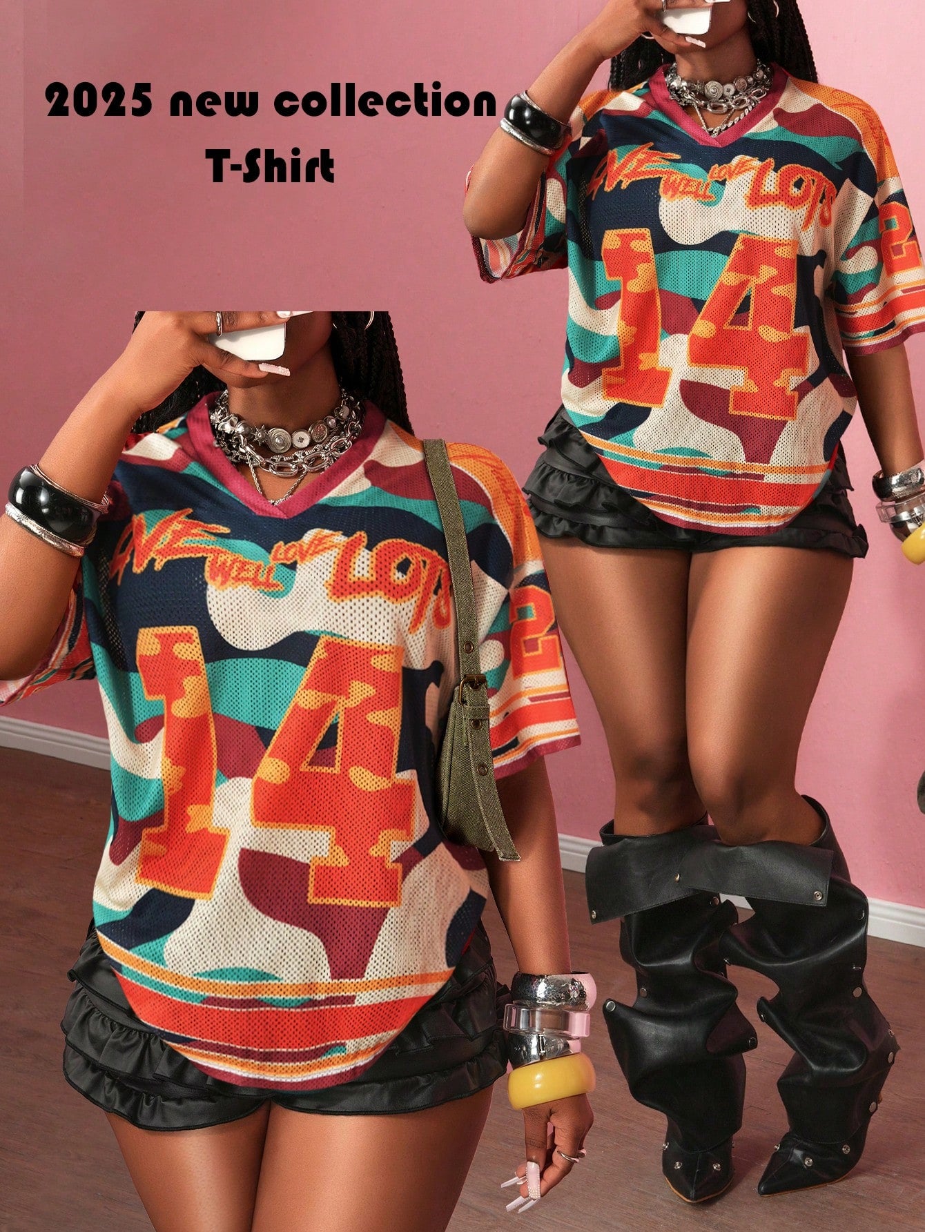 Slaydiva Women's Navy Summer Streetwear City Break V-Neck Camouflage T-Shirt,Casual Loose Mesh Design Sports Graphic Print Top For Music Festivals And Clubs