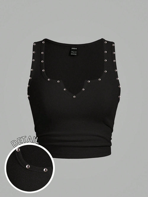 Slaydiva Women's Plus-Size Black Ribbed Cropped Tank Top,Studded Iron-On Patches,Summer Kawaii Style For Night Out Club,Music Festivals,Parties,Casual Outings