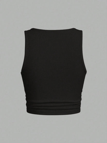 Slaydiva Women's Plus-Size Black Ribbed Cropped Tank Top,Studded Iron-On Patches,Summer Kawaii Style For Night Out Club,Music Festivals,Parties,Casual Outings