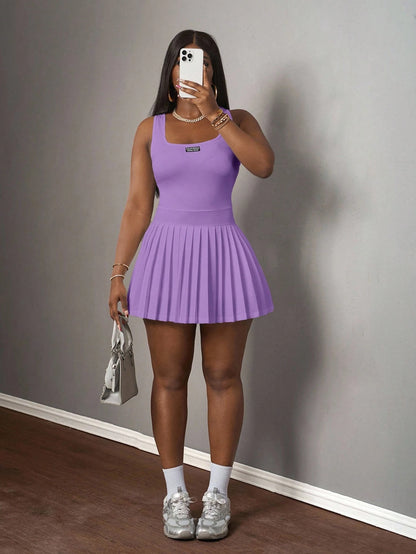 Slaydiva Women's Purple Summer Casual City Break U-Neck Racer Vest Pleated Skirt With Shorts Culottes Knitted Mini Dress,Y2k Skater Dresses Ladies Clothes