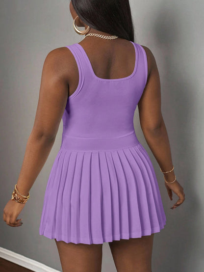 Slaydiva Women's Purple Summer Casual City Break U-Neck Racer Vest Pleated Skirt With Shorts Culottes Knitted Mini Dress,Y2k Skater Dresses Ladies Clothes