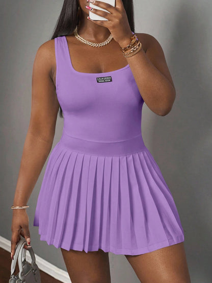 Slaydiva Women's Purple Summer Casual City Break U-Neck Racer Vest Pleated Skirt With Shorts Culottes Knitted Mini Dress,Y2k Skater Dresses Ladies Clothes