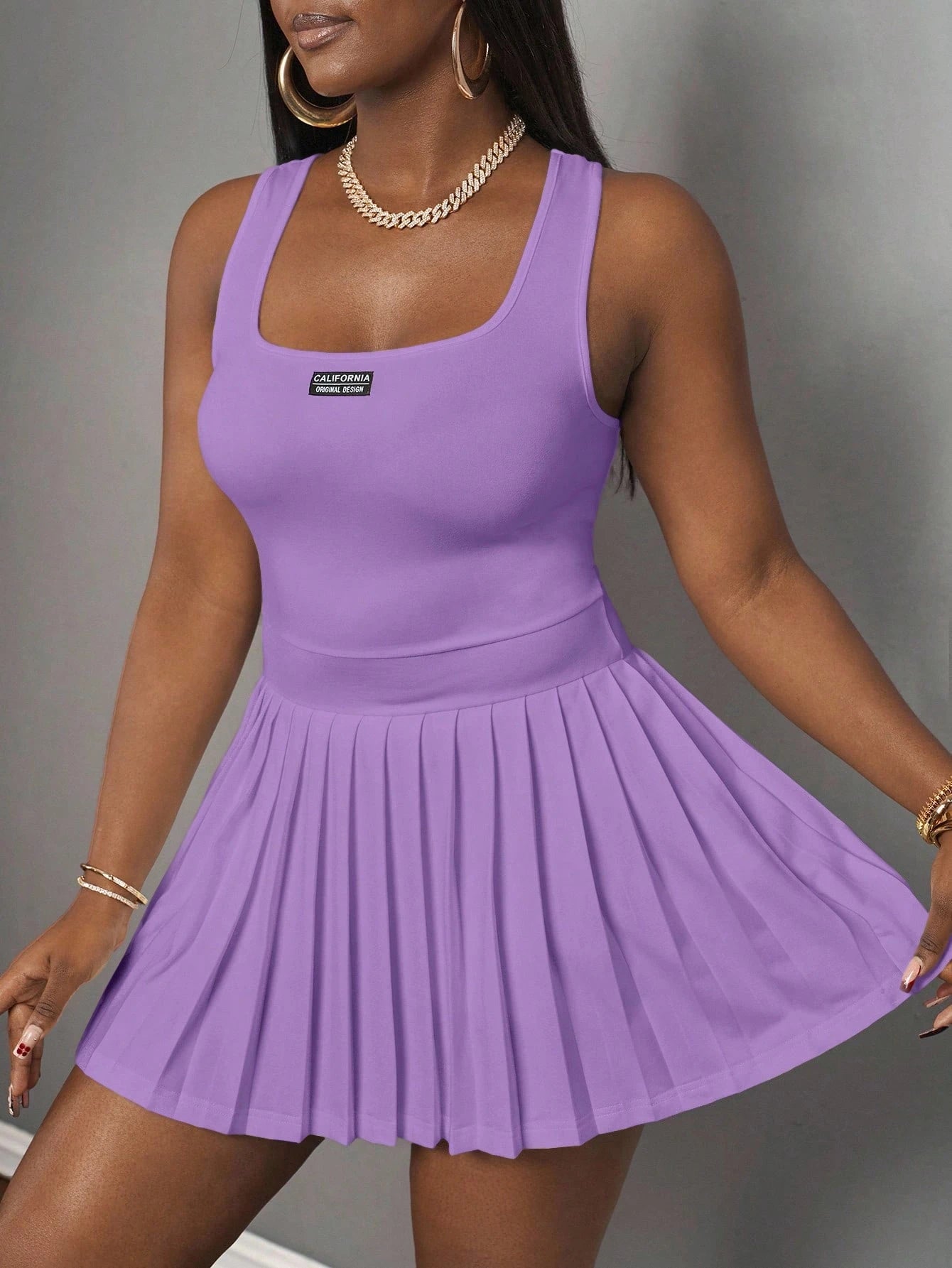 Slaydiva Women's Purple Summer Casual City Break U-Neck Racer Vest Pleated Skirt With Shorts Culottes Knitted Mini Dress,Y2k Skater Dresses Ladies Clothes