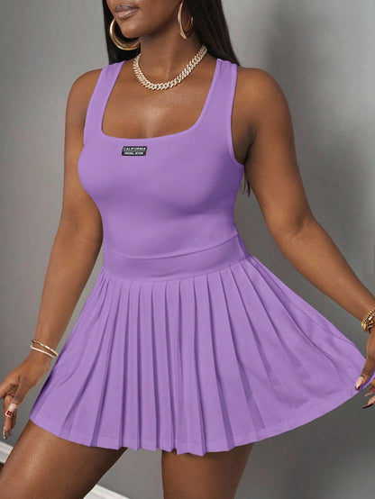 Slaydiva Women's Purple Summer Casual City Break U-Neck Racer Vest Pleated Skirt With Shorts Culottes Knitted Mini Dress,Y2k Skater Dresses Ladies Clothes