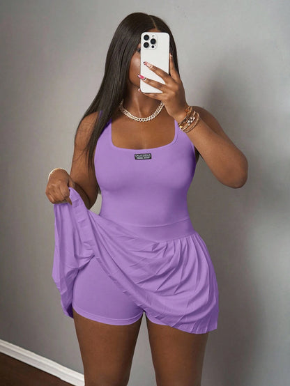 Slaydiva Women's Purple Summer Casual City Break U-Neck Racer Vest Pleated Skirt With Shorts Culottes Knitted Mini Dress,Y2k Skater Dresses Ladies Clothes