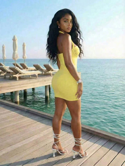 Slaydiva Yellow Summer Women Elegant Halter Neck Tie Mini Dress,Slim-Fit Bandage Dress For Night Out,Party,Music Festivals,Vacation,Club & Everyday Wear
