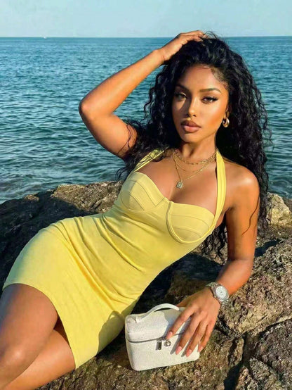 Slaydiva Yellow Summer Women Elegant Halter Neck Tie Mini Dress,Slim-Fit Bandage Dress For Night Out,Party,Music Festivals,Vacation,Club & Everyday Wear