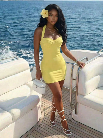 Slaydiva Yellow Summer Women Elegant Halter Neck Tie Mini Dress,Slim-Fit Bandage Dress For Night Out,Party,Music Festivals,Vacation,Club & Everyday Wear