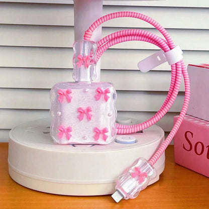 Small Light Pink/Black Bow/Gold Bow/Cherry And White Pearl Design Phone Charger Set 20W/18W, Charging Cable Protector, Charging Head Protective Case, Suitable Compatible With Apple 13/16/15/14 Charger