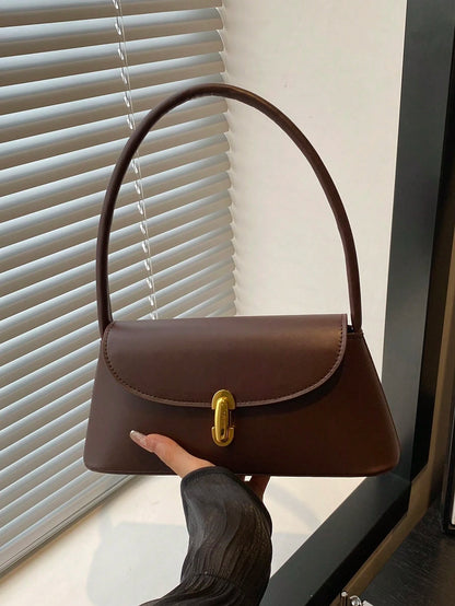 Soft PU Leather Metal Lock Decor Retro Shell Baguette Bag, Women's Shoulder Bag, New Ladies Handbag, Small Square Tote Bag