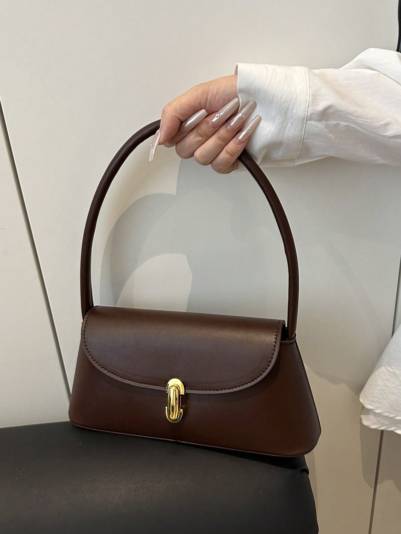 Soft PU Leather Metal Lock Decor Retro Shell Baguette Bag, Women's Shoulder Bag, New Ladies Handbag, Small Square Tote Bag