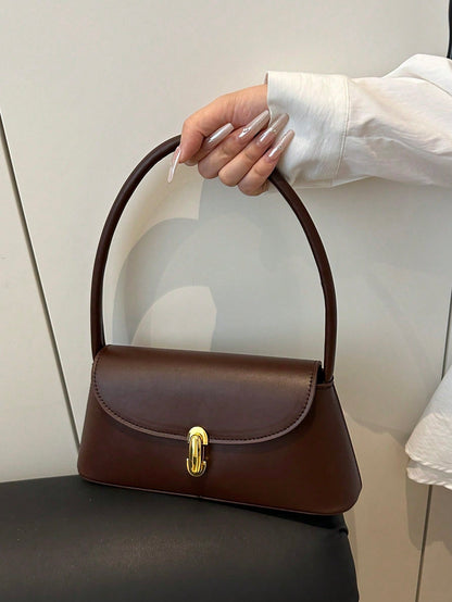Soft PU Leather Metal Lock Decor Retro Shell Baguette Bag, Women's Shoulder Bag, New Ladies Handbag, Small Square Tote Bag
