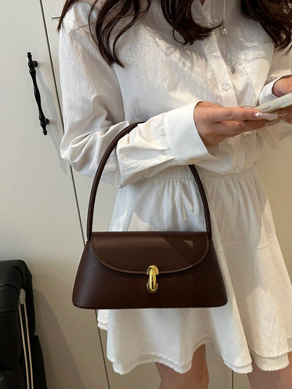 Soft PU Leather Metal Lock Decor Retro Shell Baguette Bag, Women's Shoulder Bag, New Ladies Handbag, Small Square Tote Bag