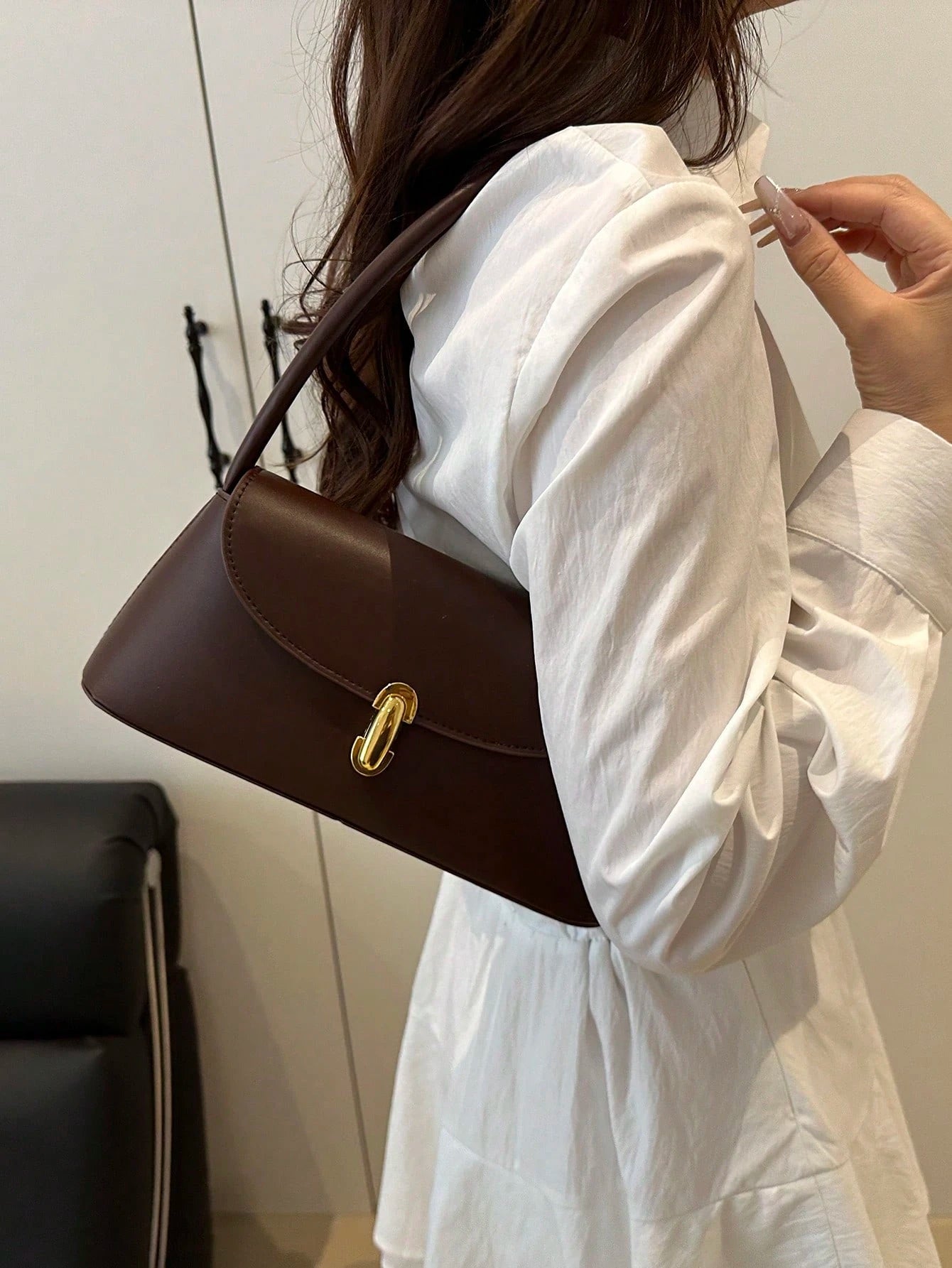 Soft PU Leather Metal Lock Decor Retro Shell Baguette Bag, Women's Shoulder Bag, New Ladies Handbag, Small Square Tote Bag