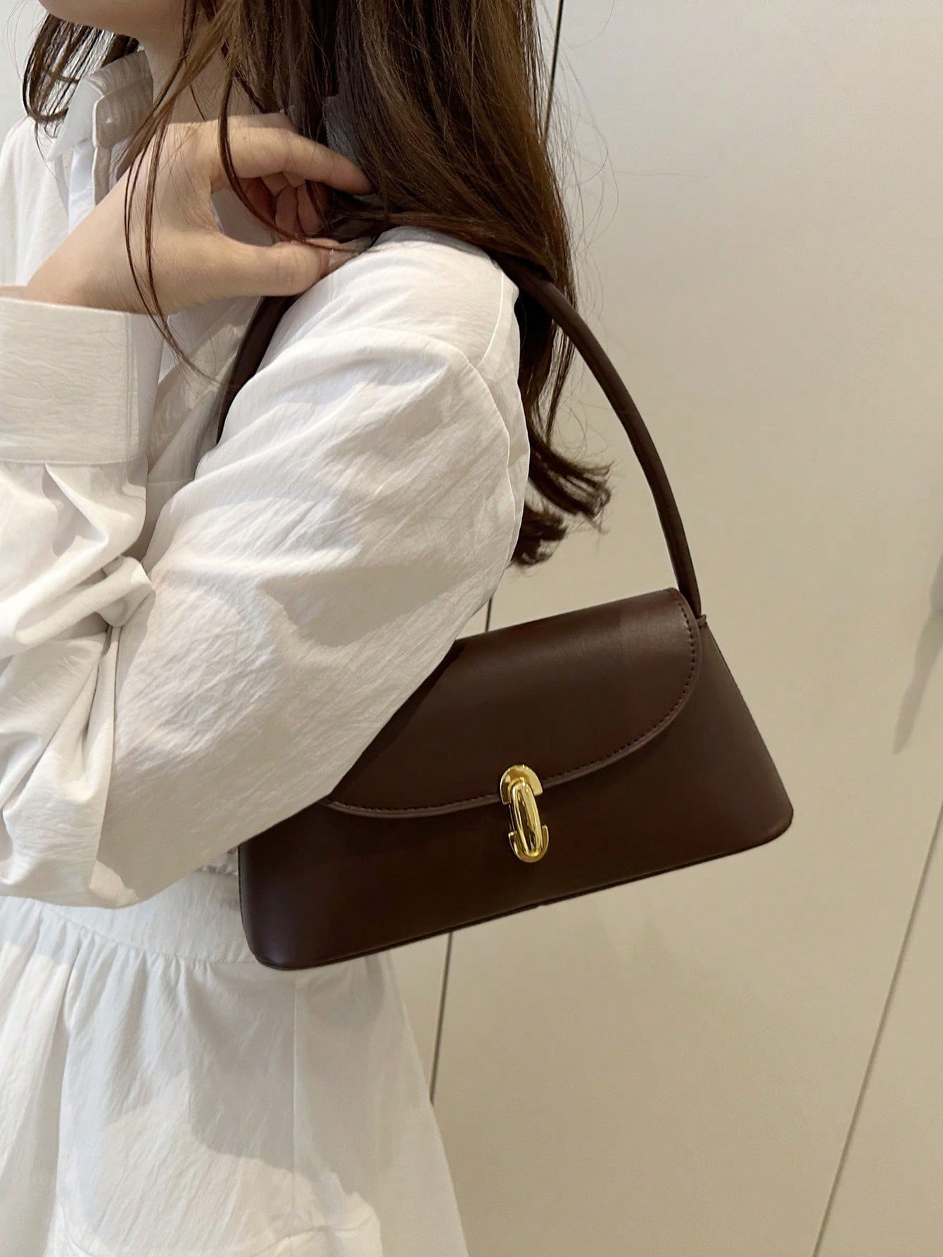 Soft PU Leather Metal Lock Decor Retro Shell Baguette Bag, Women's Shoulder Bag, New Ladies Handbag, Small Square Tote Bag