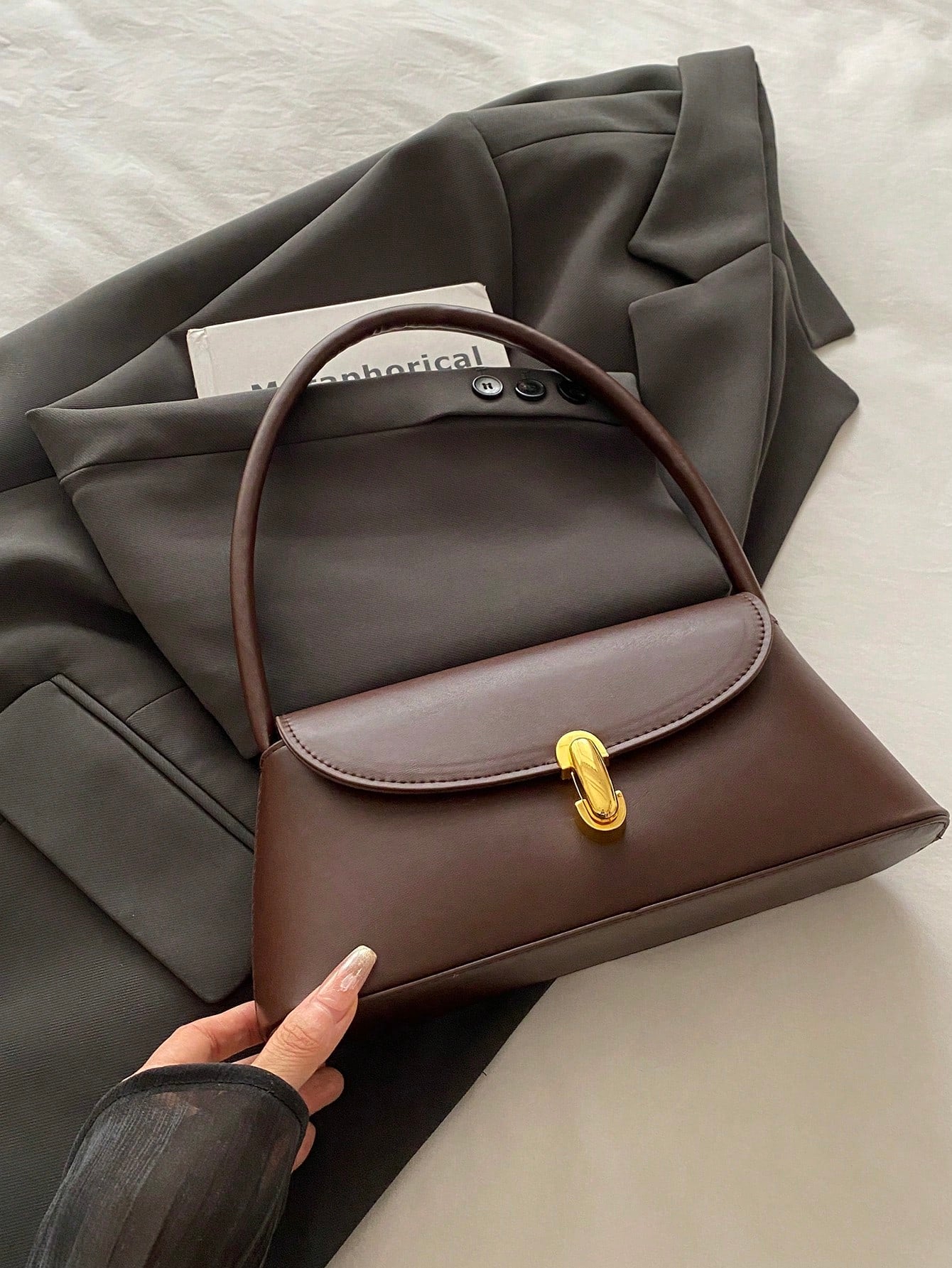 Soft PU Leather Metal Lock Decor Retro Shell Baguette Bag, Women's Shoulder Bag, New Ladies Handbag, Small Square Tote Bag