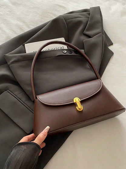 Soft PU Leather Metal Lock Decor Retro Shell Baguette Bag, Women's Shoulder Bag, New Ladies Handbag, Small Square Tote Bag