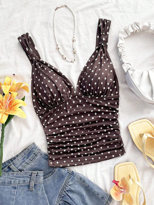 Soleia Cute Brown And White Polka Dot Summer Camisole,Retro Vintage Elegant Ruched Slim Fit Twist Strap Tank Top,Holiday Vacation V-Cut Tops,No Chest Padding