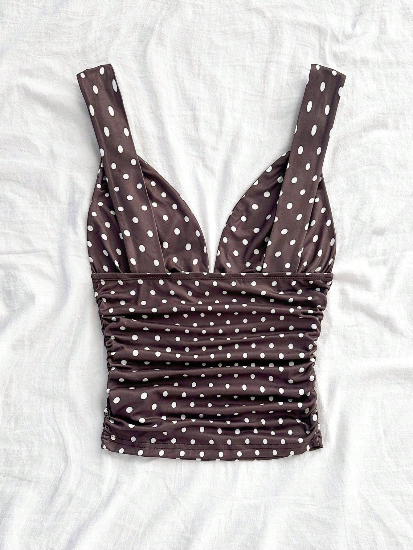 Soleia Cute Brown And White Polka Dot Summer Camisole,Retro Vintage Elegant Ruched Slim Fit Twist Strap Tank Top,Holiday Vacation V-Cut Tops,No Chest Padding