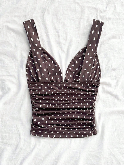 Soleia Cute Brown And White Polka Dot Summer Camisole,Retro Vintage Elegant Ruched Slim Fit Twist Strap Tank Top,Holiday Vacation V-Cut Tops,No Chest Padding