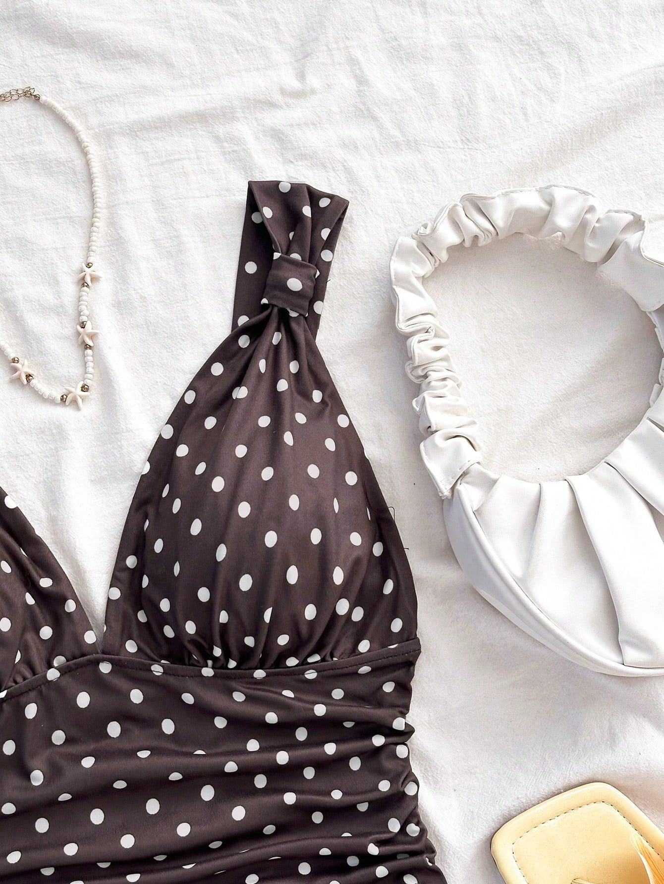 Soleia Cute Brown And White Polka Dot Summer Camisole,Retro Vintage Elegant Ruched Slim Fit Twist Strap Tank Top,Holiday Vacation V-Cut Tops,No Chest Padding
