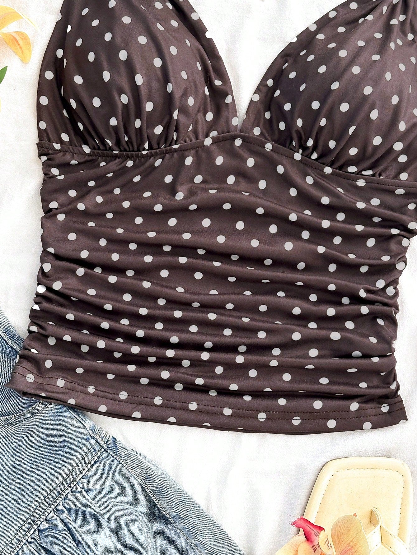Soleia Cute Brown And White Polka Dot Summer Camisole,Retro Vintage Elegant Ruched Slim Fit Twist Strap Tank Top,Holiday Vacation V-Cut Tops,No Chest Padding