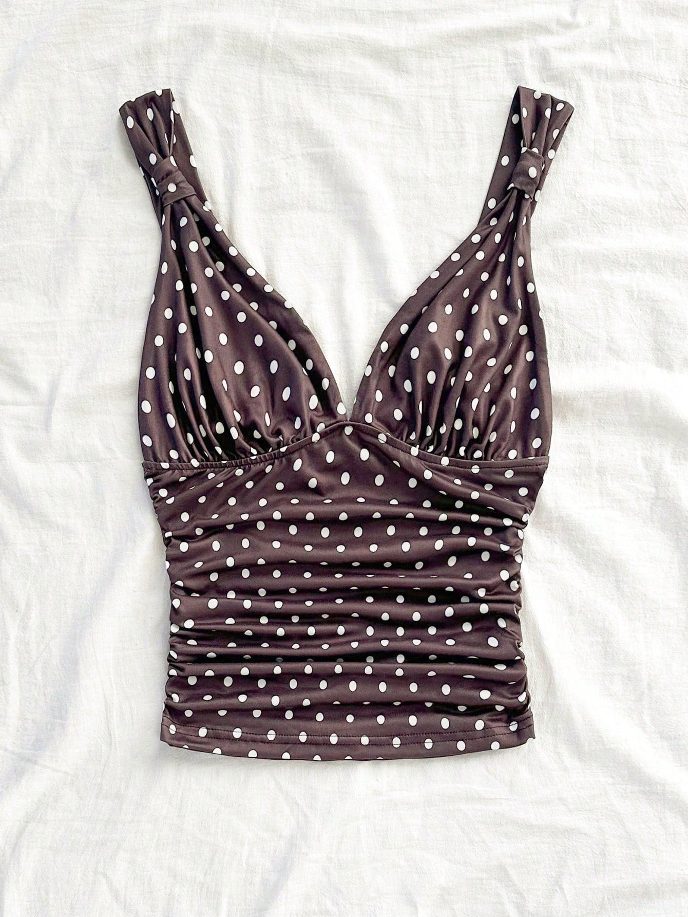 Soleia Cute Brown And White Polka Dot Summer Camisole,Retro Vintage Elegant Ruched Slim Fit Twist Strap Tank Top,Holiday Vacation V-Cut Tops,No Chest Padding
