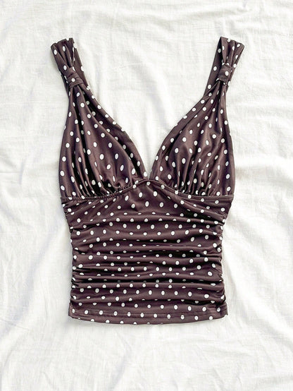 Soleia Cute Brown And White Polka Dot Summer Camisole,Retro Vintage Elegant Ruched Slim Fit Twist Strap Tank Top,Holiday Vacation V-Cut Tops,No Chest Padding