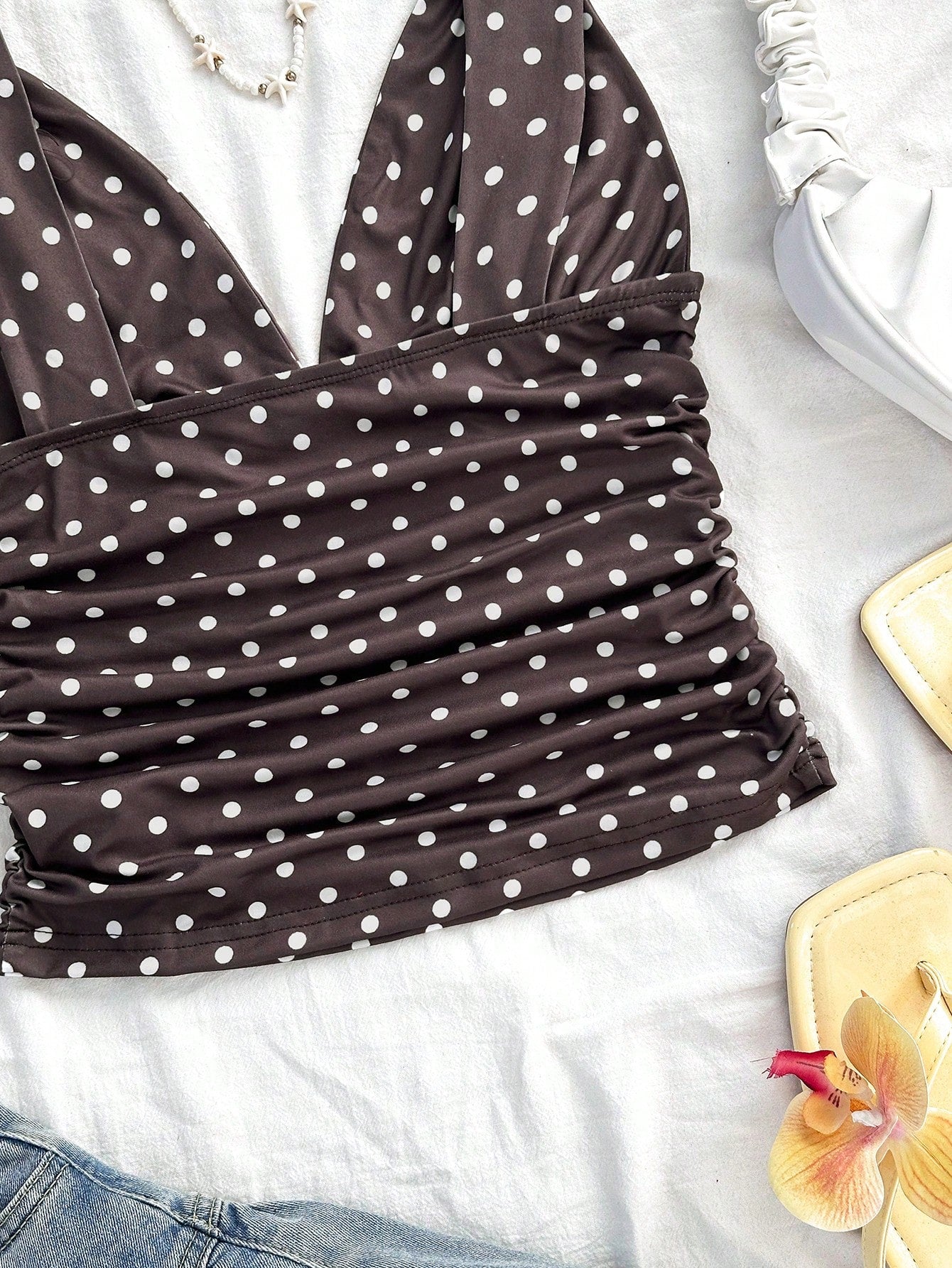 Soleia Cute Brown And White Polka Dot Summer Camisole,Retro Vintage Elegant Ruched Slim Fit Twist Strap Tank Top,Holiday Vacation V-Cut Tops,No Chest Padding