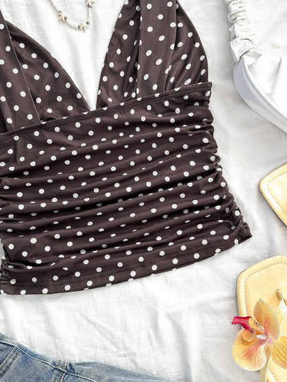 Soleia Cute Brown And White Polka Dot Summer Camisole,Retro Vintage Elegant Ruched Slim Fit Twist Strap Tank Top,Holiday Vacation V-Cut Tops,No Chest Padding