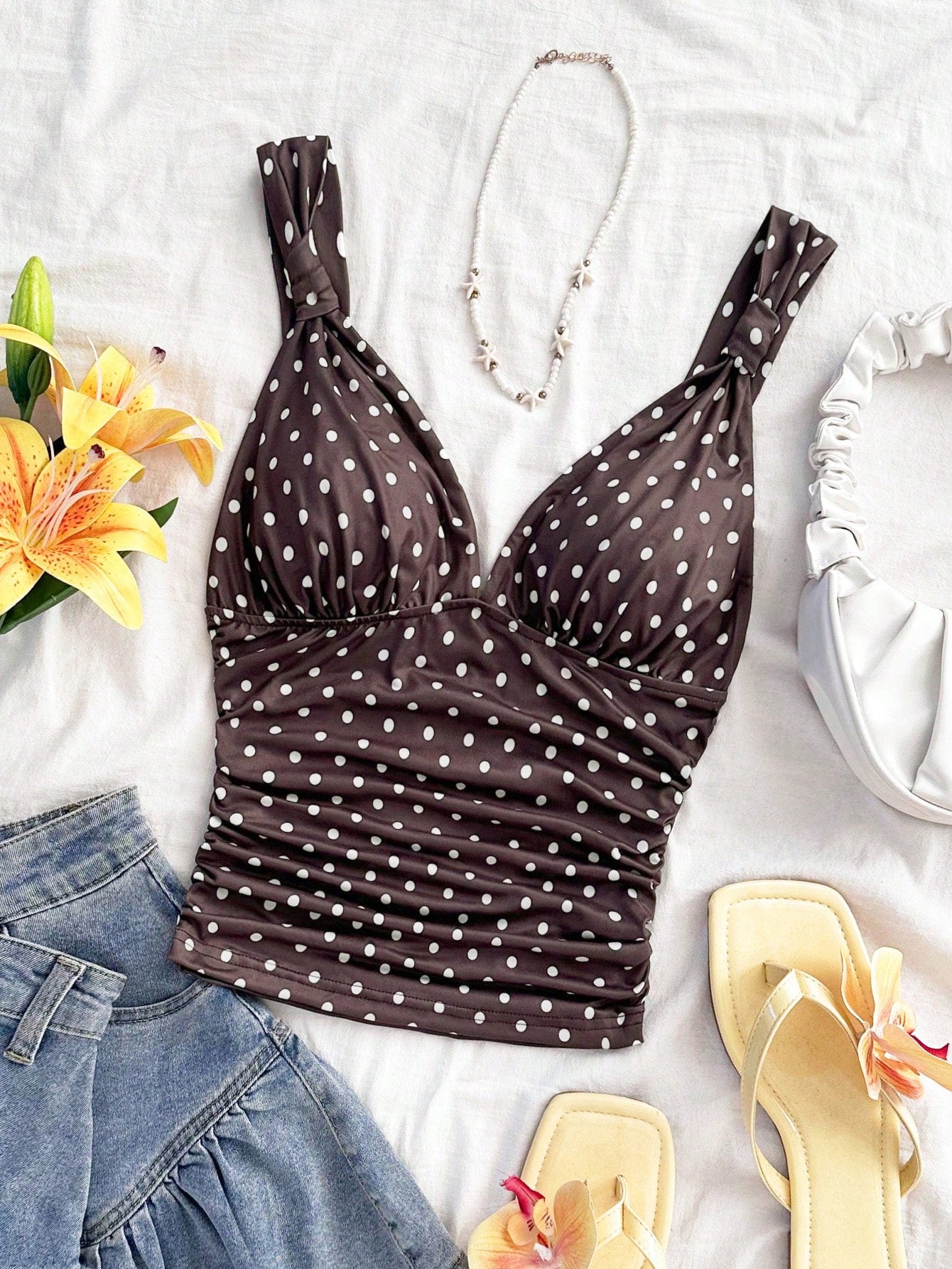 Soleia Cute Brown And White Polka Dot Summer Camisole,Retro Vintage Elegant Ruched Slim Fit Twist Strap Tank Top,Holiday Vacation V-Cut Tops,No Chest Padding