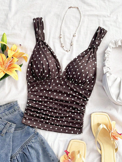 Soleia Cute Brown And White Polka Dot Summer Camisole,Retro Vintage Elegant Ruched Slim Fit Twist Strap Tank Top,Holiday Vacation V-Cut Tops,No Chest Padding