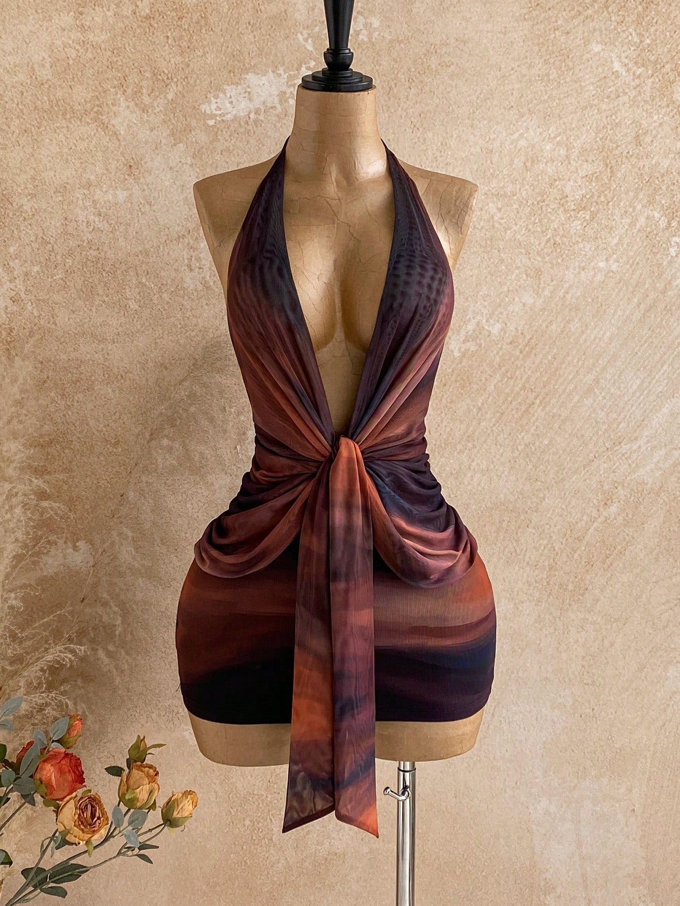 Soleia Dark Purple Summer Seductive Party Club Night Out Draped Neck Gradient Twist Ruched Bodycon Mini Dress, Women's Fall Vintage Sexy Bohemian Holiday