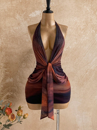 Soleia Dark Purple Summer Seductive Party Club Night Out Draped Neck Gradient Twist Ruched Bodycon Mini Dress, Women's Fall Vintage Sexy Bohemian Holiday
